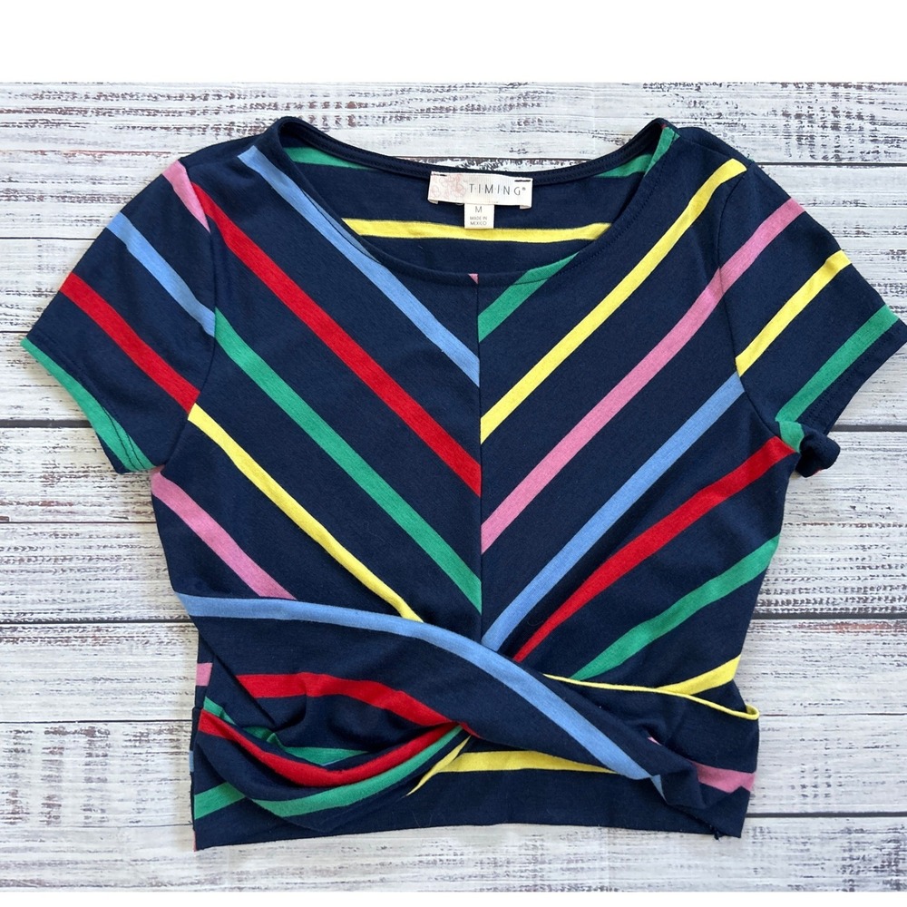 Timing Womens‎ Navy Multi Color Striped Twist Front Crop Top Shirt M